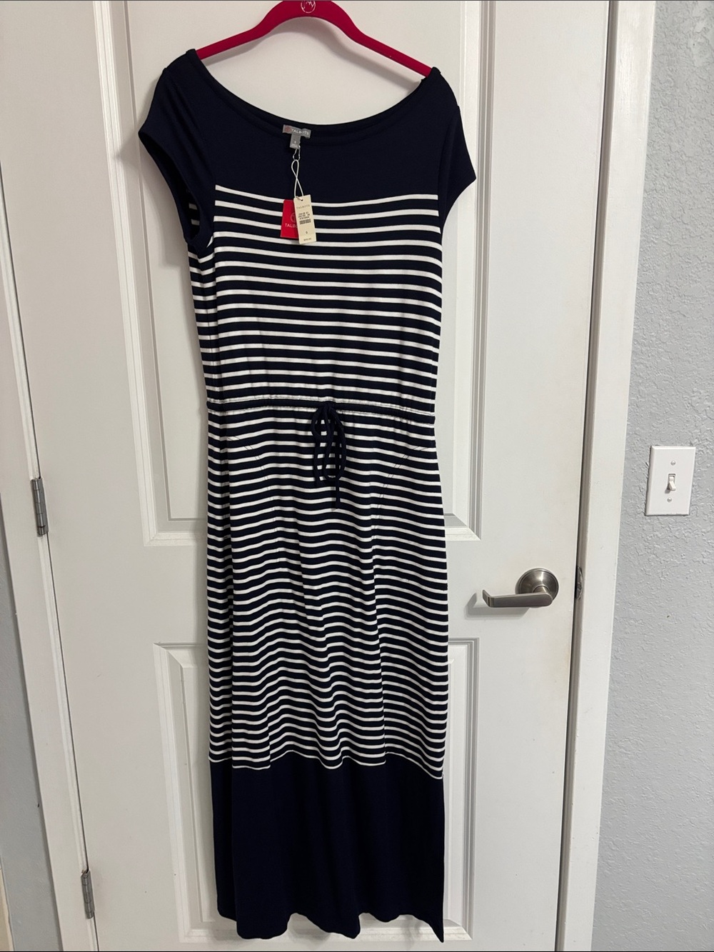 NWT Talbots Navy and White Striped Drawstring Maxi Dress Size Small